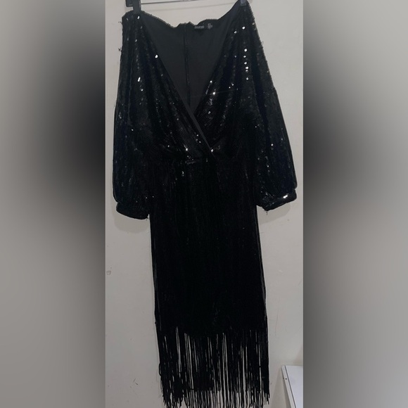 Boohoo Plus Size Sequin Faux Wrap Fringe Long Sleeve Boho MIDI - Picture 14 of 14